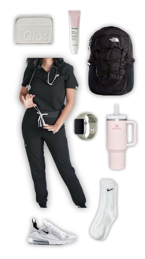 Scrubs outfit 🖤⚕️ Cute Nurse Scrubs Outfits, Vet Tech Outfit, Nursing Scrubs Outfits, Nurse Fashion Scrubs, Nurse Barbie, Nurse Outfit Scrubs, Nursing School Inspiration, Medical Scrubs Fashion, Nursing Goals