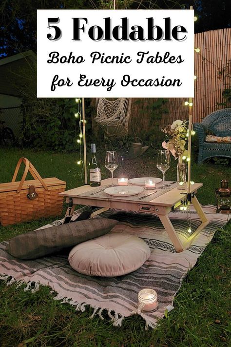 If you want to create a beautiful picnic aesthetic and need a practical and gorgeous boho picnic table, we’ve got you covered. We rounded up the most practical folding picnic tables here, but sometimes you want a specific look for your picnic setting. Whether it’s a romantic picnic vibe or a cute boho picnic you want to create, these low boho picnic tables don’t just set a beautiful scene, they are also very practical. Folding Boho Picnic Table, Brunch Picnic Aesthetic, Boho Style Picnic, Picnic Table For Two, Romantic Backyard Picnic, Diy Picnic Set Up, Night Picnic Aesthetic, Picnic Table Aesthetic, Diy Boho Picnic Table