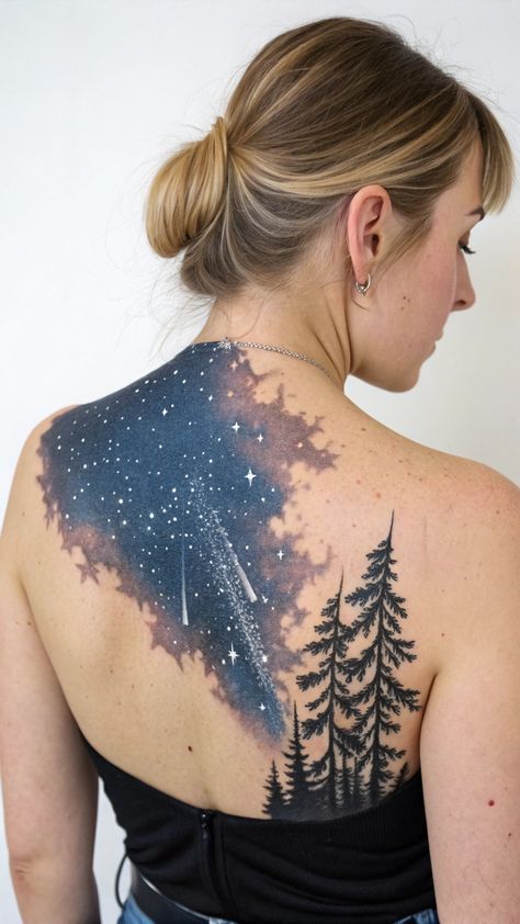 Get lost in the beauty of the starry night sky with these enchanting tattoo designs. Perfect for those who love astronomy and art. #StarryNightTattoos #NightSkyTattoos #TattooArt Galaxy Tattoo Back, Dreamscape Tattoo, Night Sky Tattoo Starry, Starry Sky Tattoo, Strand Tattoo, Aurora Borealis Tattoo, Night Sky Tattoo, Tattoos And Placement, Night Sky Tattoos