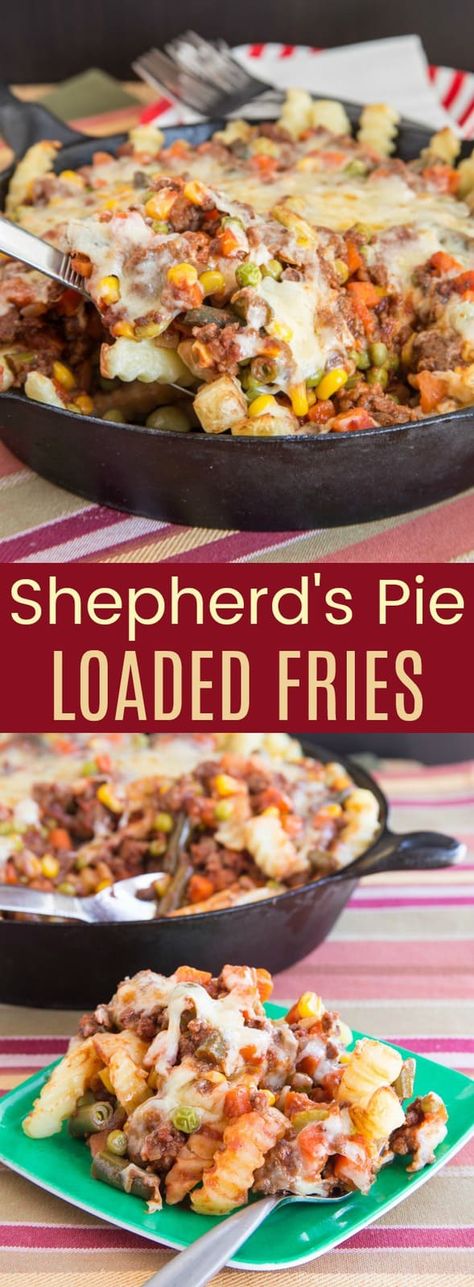 Shepherd's Pie Loaded Fries - the classic comfort food recipe becomes a fun, quick and easy dinner the family will love, filled with plenty of beef and vegetables. #cupcakesandkalechips #shepherdspie #loadedfries #glutenfree #stpatricksday #beef French Fry Casserole, Loaded Fries Recipe, Easy Comfort Food Dinners, French Fries Recipe, Frozen French Fries, Loaded Fries, Comfort Food Recipes Dinners, Fries Recipe, Shepherd's Pie