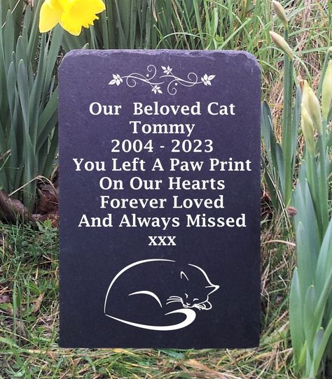 Natural Slate Pet Cat Sleeping Silhouette Memorial Grave Marker Headstone 3 Sizes FS1 by SlateworkSigns on Etsy Cat Headstone, Cat Sitting Down, Cat Outline, Pet Grave Markers, Grave Markers, Paw Design, Cat Portrait, Cat Memorial, Dog Paw Print