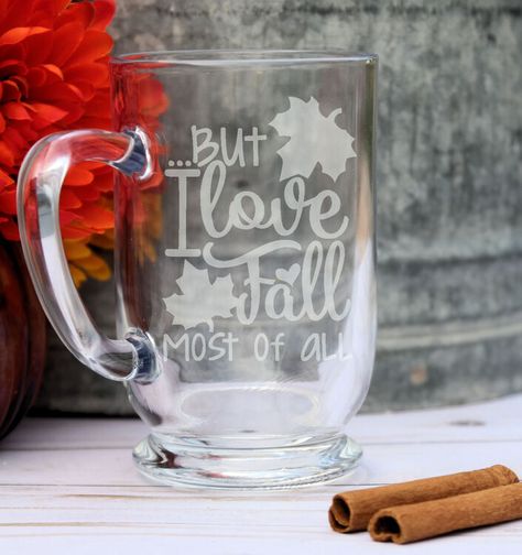 Elevate your coffee experience with our 16 oz Glass Coffee Mug, a must-have for those who cherish the beauty of fall. Emblazoned with the heartwarming sentiment "I love fall most of all," this charming mug is the perfect companion for your favorit... Fall Coffee Mugs, Artisan Gifts, Etched Gifts, Fall Coffee Mug, Custom Coffee Cups, Glass Coffee Mug, Thankful Heart, Pumpkin Spice Coffee, I Love Fall