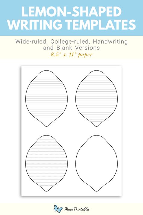 Free printable lemon-shaped writing templates. This PDF download includes wide ruled, narrow ruled, handwriting, and blank versions. Download the templates at https://museprintables.com/download/writing-template/lemon-shaped/ Lemon Template Free Printable, Lemon Template, Writing Paper Template, Handwriting Lines, Lemon Theme, Writing Template, Lined Writing Paper, Stand Ideas, Writing Templates