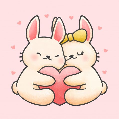 Cute rabbit couple hugging heart cartoon... | Premium Vector #Freepik #vector Cute Hugging Drawing, Bunny Couple Drawing, Cute Bunny Couple, Rabbit Couple, Hug Cartoon, Hugging Drawing, Heart Cartoon, Animal Hugs, Cute Hug