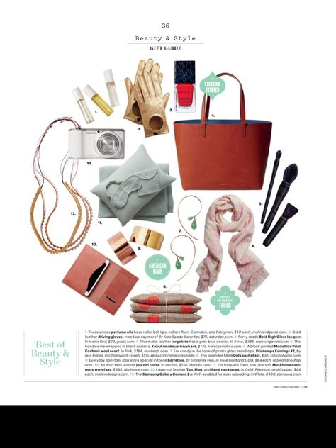 Beauty & Style Gift Guide in Martha Stewart magazine. Magazine Product Layout, Christmas Magazine Layout, Fashion Design Magazine, Editorial Magazine Layout, Gift Guide Magazine, Fashion Editorial Magazine, Gift Guide Design, Fashion Editorial Layout, Fashion Magazine Design