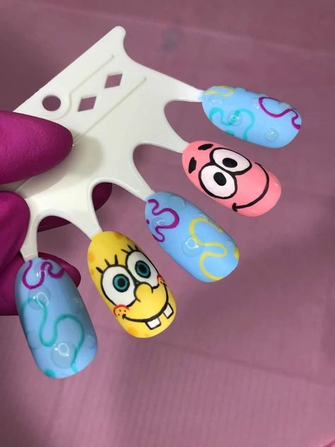 Fascinating Gel Nails Designs To ConsiderNail 2023Summer Nails Art Simple Spongebob Nails Designs, Cartoon Nail Art Designs Easy, Nail Pop Art Designs, Nail Spongebob, Spongebob Nails Acrylic, Crazy Nail Designs Creative, Spongebob Nails Designs, Nails Spongebob, Sponge Bob Nails