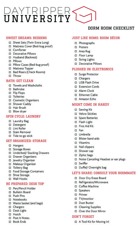 College Dorm Checklist — Daytripper University University Shopping List, Checklist University, University Hacks, University Supplies, University Checklist, University Bedroom, College Dorm List, University Ideas, University Room