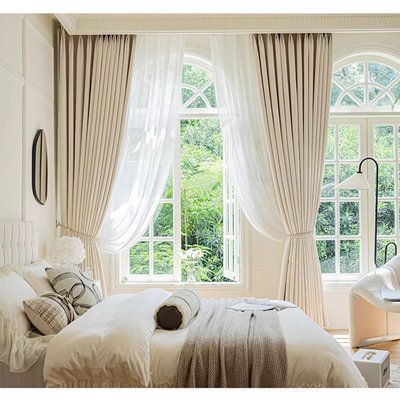 Our curtains offer a skin-friendly, soft, and comfortable fabric. They are versatile and suitable for various settings such as living rooms, bedrooms, villas, hotels, and more. Perfect for both window treatments and decorations Size per Panel: 79" W x 106" L | Wildon Home® Nayaliz Chenille Room Darkening Curtain Pair 106.0 H x 79.0 W in brown / white in Cream | 79" W x 106" L | Wayfair | Home Decor Classic Bedroom Curtains, Living Room White Curtains Ideas, Victorian Window Curtains, Heirloom Home Decor, Window Treatments For Arched Top Windows, Arched Windows Curtains, French Curtains Living Room, Old Money Curtains, Curtains For White Bedroom