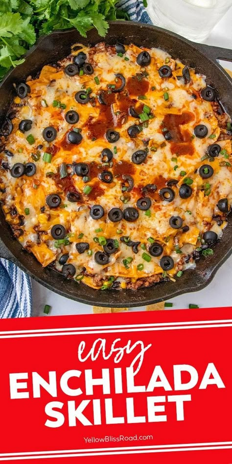 One Skillet Enchilada, Hamburger Meat Recipes Easy Skillet, Enchilada Skillet Pioneer Woman, Mexican Ground Beef Skillet, Easy Ground Beef Skillet Recipes, Skillet Enchiladas Beef, Cast Iron Ground Beef Recipes, Ground Beef Skillet Recipes, Beef Enchilada Skillet