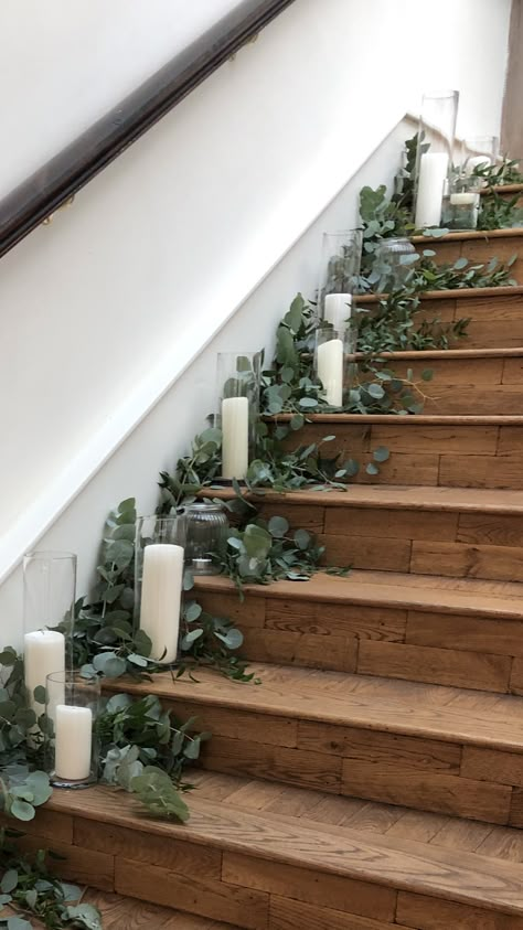 Greenery Stairs Wedding, Wedding Decorations Stairs, Green And White Wedding Decor Indoor, Flowers On Stairs Wedding, Wedding Steps Decorations, Stairs Decor Wedding, Floral Staircase Wedding, Staircase Florals Wedding, Stairs Wedding Decoration