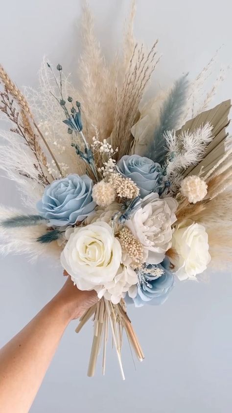 For Danielle🦋 First time to create a bouquet with pop of dusty blue and love how this beauty turned out. 🤍🤍 . . . . . . #pampasbouquet #d… | Instagram Dusty Blue Bridesmaid Flowers, Blue Wedding Decorations Receptions, Light Blue Western Wedding, Coastal Boho Wedding, Steel Blue Wedding Theme, Dusk Blue Wedding, Blue Tan Wedding, Dusty Blue Centerpieces Wedding, Elegant Wedding Color Schemes