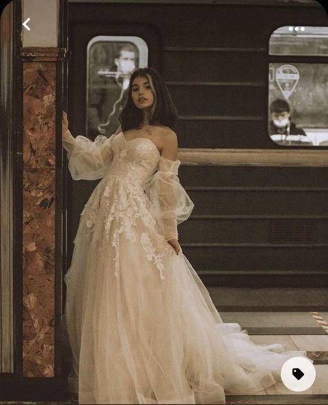 Wedding Dresses With Shoulder Sleeves, Princess Core Wedding Dress, V Front Wedding Dress, Boho A Line Wedding Dress Sleeve, Wedding Dresses Untraditional, Off Shoulder Bishop Sleeve Wedding Dress, Flowey Wedding Dress, Aesthetic Spring Wedding, Wedding Dresses Large Bust Body Shapes