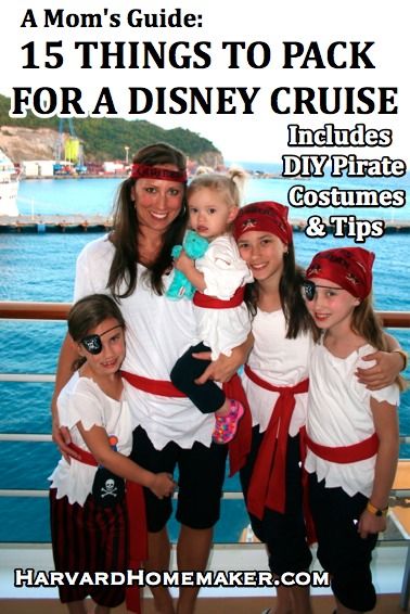 A Mom's Guide: 15 Things to Pack for a Disney Cruise & Other Travel Tips - Harvard Homemaker [Ok, we have no young kids nor are we planning to take a Disney cruise, but this list is brilliant so decided to PIN just in case!] Make Your Own Pirate Costume, Diy Family Pirate Costumes, Teacher Pirate Costume, Kids Pirate Costumes, Easy Diy Pirate Costume, Simple Pirate Outfit, Disney Cruise Pirate Night Outfit, Simple Pirate Costume, Pirate Attire