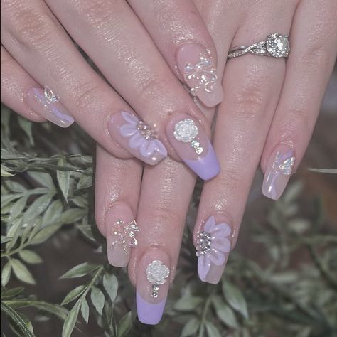 By AngieJoyNails #nails #acrylic #acrylicnaildesigns #gelnails #nailart #foryoupage #inspiration #artinspiration #nailsoftheday #art #selfcare #selflove #aesthetic Lavender Aesthetic Nails, Lavender Prom Aesthetic, Lilac Quinceanera Nails, Repunzel Quince Theme Nails, Purple Quinceanera Nails Short, Lilac Quince Nail Ideas, Cute Lilac Nails, Purple Xv Nails, Purple Princess Nails