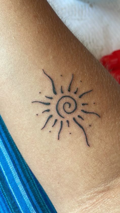 Henna Sun Tattoo, Small Spiral Tattoo, Swirl Sun Tattoo, Delicate Sun Tattoo, Henna Tattoo Designs Sun, Swirly Sun Tattoo, Yellow Sun Tattoo, Taino Sun Tattoo, Sun Ankle Tattoo