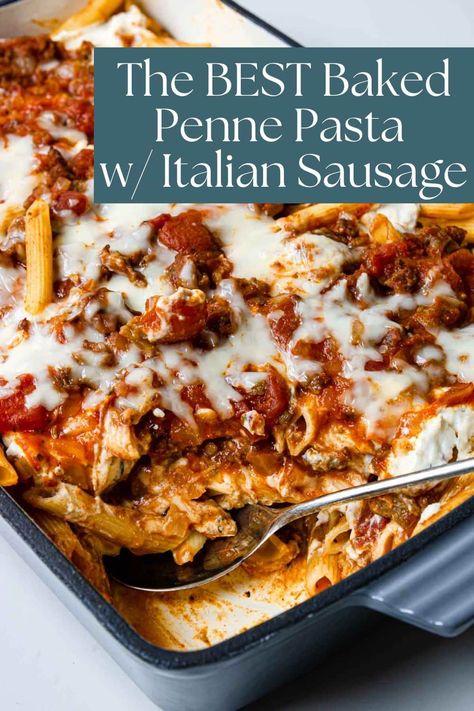 Baked Penne Pasta with Italian Sausage - Mom's Dinner Baked Penne Pasta Recipes, Italian Sausage Pasta Bake, Penne With Sausage, Lasagna Layers, Pasta With Italian Sausage, Sausage Penne Pasta, Penne Pasta Recipe, Sausage Penne, Pasta Sausage