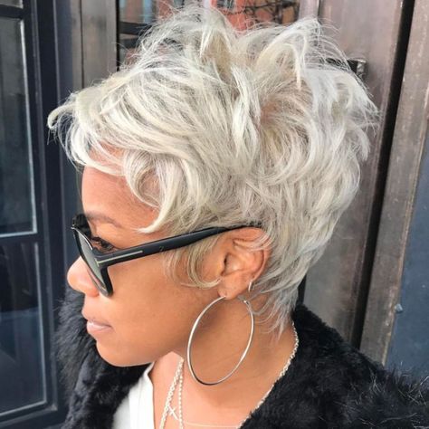 African-American Messy Ashy Pixie Edgy Short Hair Pixie, Messy Short Hair Styles, Shaggy Pixie Cuts Older Women, Messy Short Hairstyle Women, Short Gray Hair Edgy, Shaggy Pixie Haircut, Longer Pixie Cut, Cute Pixie Haircut, Pixie For Thick Hair