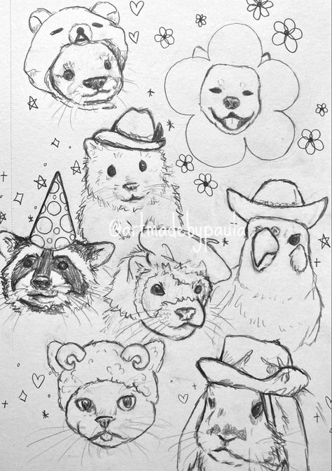 Animals In Hats Drawing, Animals Wearing Clothes Drawing, Animals With Hats Drawings, Cat With Hat Drawing, Animal Faces Drawing, Hat Drawing Sketches, Hats Sketch, Cats Drawing Sketches, Animals Wearing Hats