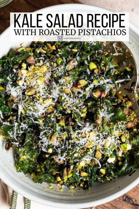 Kale Salad with Roasted Pistachios and Parmesan Kale Salad With Parmesan Cheese, Kale Arugula Salad Recipes, Chicken Salad With Pistachios, Cooked Kale Salad, Steak And Kale Salad, Kale And Romaine Salad Recipes, Kale Parmesan Salad, Kale Lemon Parmesan Salad, Massaged Kale Salad Recipes