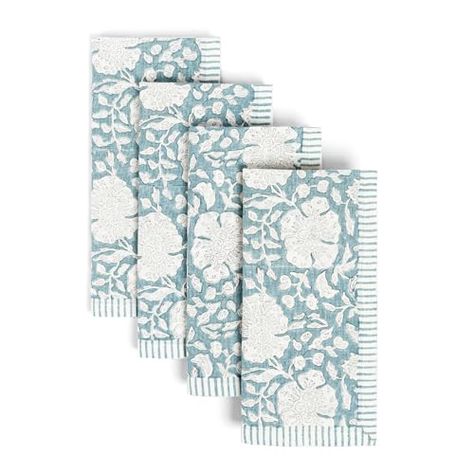 over&back Hand-Blocked Printed Cotton Cloth Napkins - Washable Napkins Set for Mixing, Matching, and Creating a Custom Home Decor Tablescape - Blue Floral Printed Napkins, Cloth Napkin, Hand Carved Wood, Cloth Napkins, Linen Clothes, Wood Blocks, Custom Home, Napkins Set, Home Decor Furniture