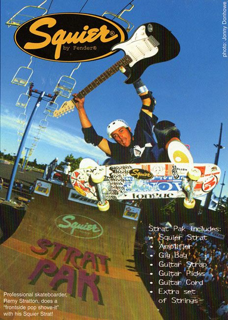 Professional skaterboarder Remy Stratton does a "frontside pop shove-it" with his Squier (1997) Vintage Skate Ads, Skater Magazine, Skater Posters, 80s Skateboarding, Skater Poster, Skate Magazine, Skateboard Poster, Skate Photography, Chocolate Skateboards