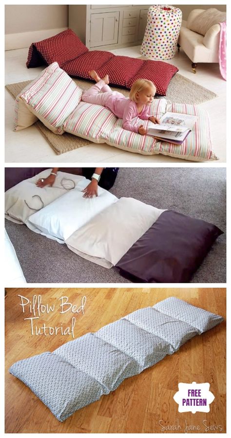 DIY Simple Roll Up Pillow Bed Tutorial - Video Diy Pillow Bed, Floor Cushions Diy, Floor Pillows Diy, Floor Pillow Bed, Kids Pillows Bed, Kids Floor Cushions, Bed Tutorial, Floor Pillows Kids, Pillow Lounger