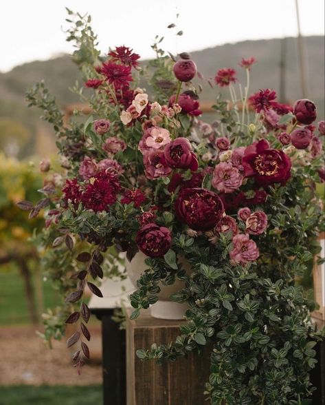 Balance of red florals against greenery Alison Events, Luxury Editorial, Flower Arch, Bloom Blossom, Flower Inspiration, Moody Wedding, Burgundy Flowers, Wedding Inspiration Fall, Wedding Mood Board