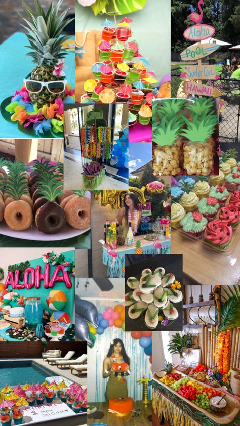 20th Birthday Pool Party Ideas, Hawaiian Sweet 16 Party Ideas, Tropical Pool Party Ideas, Hawaii Birthday Theme, Hawaii Themed Party Outfit, Beach Party Ideas Decorations, Island Birthday Party Ideas, Hawaii Party Ideas, Sweet 16 Pool Party Ideas