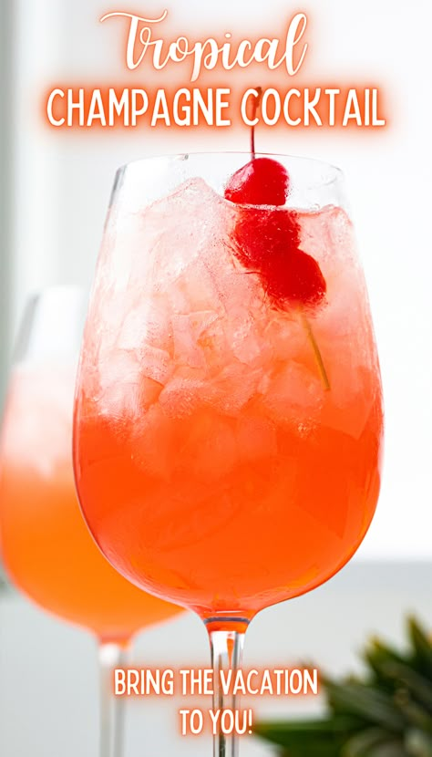 Prosecco Rum Cocktail, Tropical Champagne Cocktail, Mixed Drinks With Champagne, Champagne Summer Drinks, Prosecco And Grenadine, Cocktail Recipes With Grenadine, Prosecco Cocktails Summer, Drinks Made With Champagne, Champagne Pitcher Cocktails