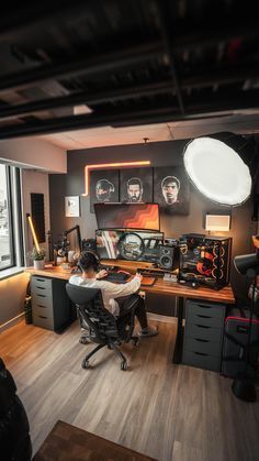 Insane Gaming Setup, Modern Gaming Office, Tech Apartment Decor, Gaming Work Setup, Modern Gaming Desk Setup, Ikea Setup Desk, White And Wood Office Decor, Mens Gaming Office, Black Wall Gaming Room