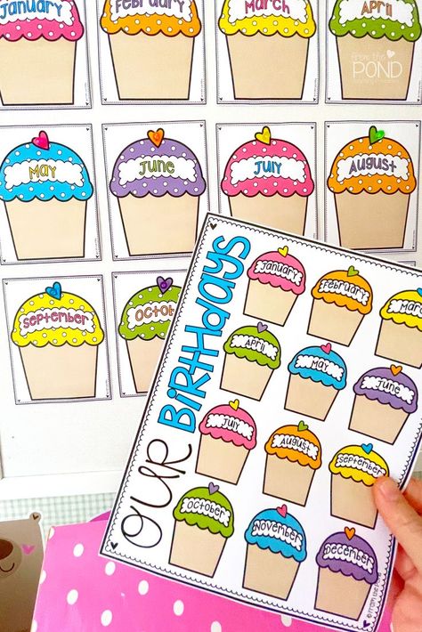 Celebrate the birthdays in your classroom with our gorgeous birthday cupcakes! Find ideas and more on the blog post! Birthday Poster Classroom, Birthday Bulletin Boards Preschool Free Printable, Preschool Birthday Board Free Printable, Free Printable Birthday Chart Classroom, Preschool Wall Ideas, Birthday Ideas Classroom, Birthday Wall Ideas For Classroom Free Printables, Birthday Poster For Classroom, Kindergarten Birthday Ideas