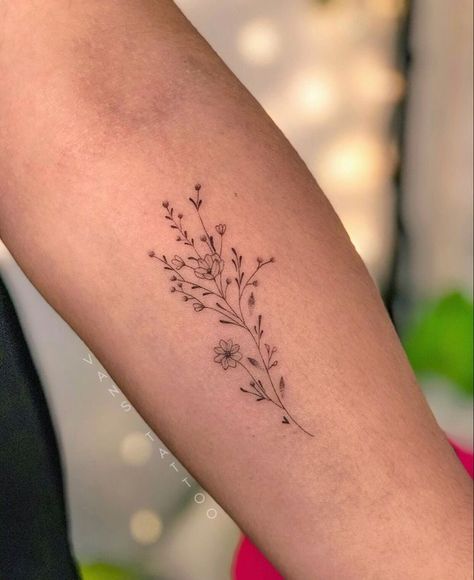 Small Flower Tattoos With Words, Dainty Wildflower Tattoo, October Tattoo, Fineline Tattoo Ideas, Dainty Flower Tattoos, Fine Line Tattoo Ideas, 42 Tattoo, Line Tattoo Ideas, Fineline Tattoo