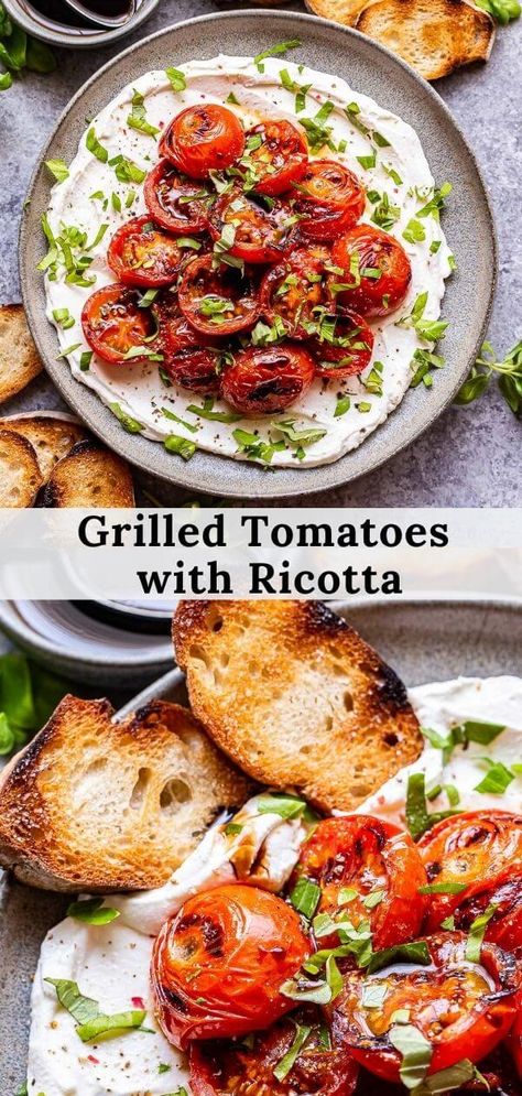 Grilled Tomatoes with Ricotta is a delicious summer appetizer or side dish! Lightly charred sweet tomatoes are piled on top of creamy ricotta, sprinkled with fresh herbs and drizzled with balsamic glaze. Serve them as is or with slices of toasted baguette. #appetizers #tomatoes #grilling #ricotta #glutenfree #holidayappetizers #sidedish #partyfood Ricotta Side Dish, Ricotta And Tomatoes, Grilled Tomatoes Recipes, Appetizers On The Grill, Baguette Appetizers, Couples Dinner Recipes, Grilled Cherry Tomatoes, Whipped Ricotta With Roasted Tomatoes, Grilling Appetizers