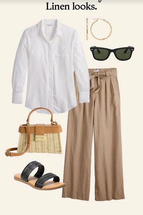 Beach Office Outfit, Kohls Outfits 2024, Adrogonus Outfits Summer, European Fashion Women, Linen Pants Outfits, Outfit Ideas With Jeans, Linen Pants Outfit, Printed Blouses, Grandma Fashion