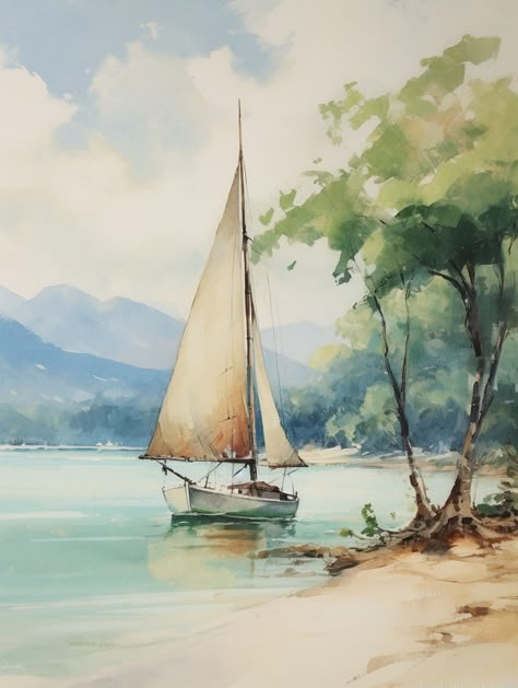 Caribbean Landscape Painting, Sea Watercolour Painting, Water Colour Paintings Aesthetic, Sailboat Painting Watercolor, Sailing Boat Painting, Watercolor Scenery Painting, Coastal Watercolor, Watercolor Scenery, Seascapes Art