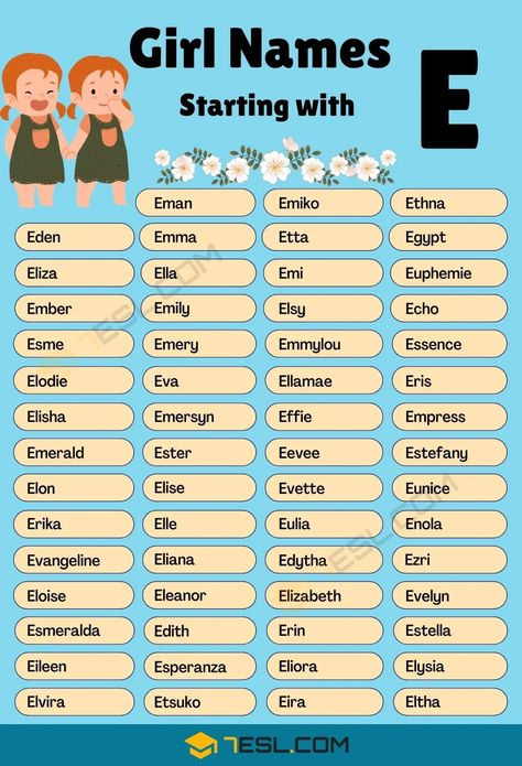 Girl Names that Start with E Names That Start With An E, E Girl Names, Girl Names With E, Names For Girls Unique, E Names, Elegant Girl Names, Pretty Girl Names, Sims Names, Nicknames For Girls