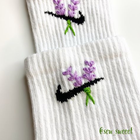 Nike Socks Embroidery, Cute Nike Socks, Sock Embroidery, Socks Embroidery, Christmas Sweatshirt Ideas, Embroidery Socks, Designer Handbags Louis Vuitton, Lavender Design, Embroidered Hair Bows