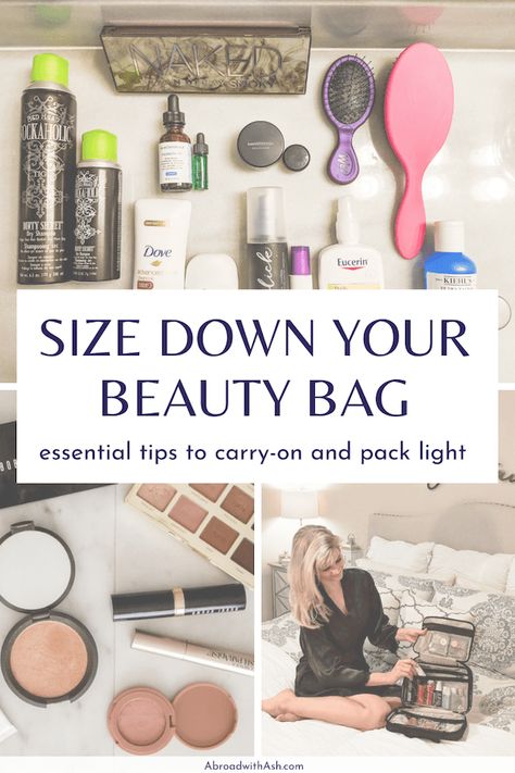 Traveling Light - tips to size down your beauty bag. Don't let your cosmetics bag stop you from packing light! Learn how to downsize your beauty bag so you can carry-on & become a minimalist packing pro! #femalepackingtips #packingtips #travelsizebeauty #packingtipsforwomen Travel Makeup Bag Essentials, Carry On Toiletries, How To Downsize, Travel Beauty Essentials, Become A Minimalist, Minimalist Packing, Mini Hair Straightener, Makeup Bag Essentials, Travel Size Beauty Products