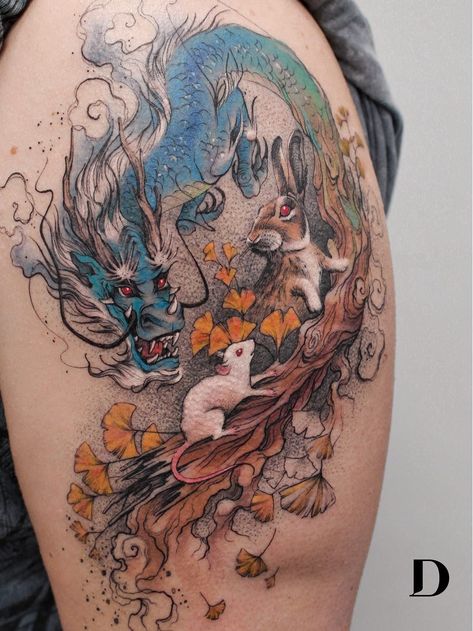 Illustrative Watercolor, Traditional Tattoo Animals, Chinese Zodiac Tattoo, Dragon Thigh Tattoo, Tier Tattoo, Bookish Tattoos, Deer Animal, Dragon Tattoo For Women, Nature Leaves