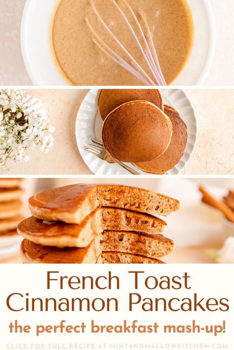 This flavor-packed Cinnamon French Toast Pancake recipe makes the ultimate vanilla + cinnamon pancake stack, and couldn't be easier to make! French Toast Pancakes Recipe, Fall Pancakes, 3 Ingredient Biscuit Recipe, Breaky Ideas, Pancake Syrup Recipe, Cinnamon Pancakes Recipe, Pancake Bread, French Toast Batter, Vanilla Pancakes