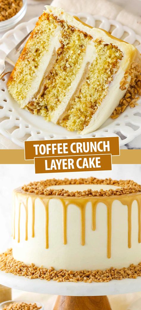 This Toffee Layer Cake has layers of brown sugar cake studded with toffee bits, toffee sauce and toffee buttercream all put together into one amazing cake! There’s a little crunch and a whole lot of flavor in this cake and it’s perfect for fall! Coffee Toffee Cake, Toffee Frosting Recipe, Tiered Cake Flavors, Chocolate Skor Cake, Crunchy Layer For Cake, Banana Toffee Cake, Gourmet Cake Flavors, Best Layer Cake Recipes, Maple Cakes