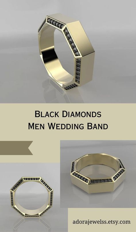 Men Diamond Ring, Solid 14k Gold Octagon Wedding Band with Black Diamonds, Fine Men Jewelry. A solid 14k gold men wedding band designed in octagon shape and set with 96 black diamonds. This men's band design present a bold and intriguing look. A perfect blend black and bright gold making a unique and fascinating band. Wedding Band With Black Diamonds, Men Wedding Band, Black Diamond Wedding Rings, Couple Band, Alternative Wedding Rings, Wedding Band Styles, Mens Gold Wedding Band, Wedding Band Designs, Timeless Ring