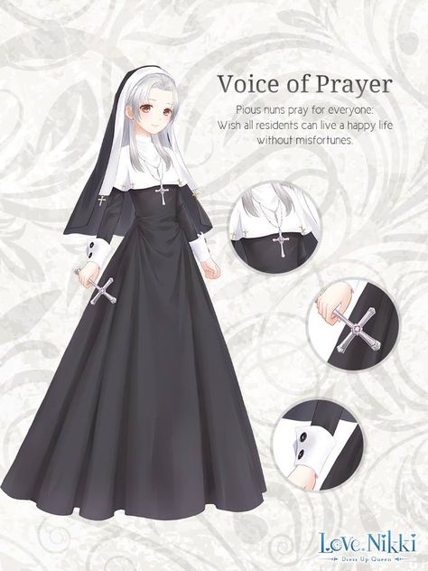 Voice of Prayer is a Pigeon suit that can be obtained through evolution of its parts, which can be obtained from Chapter 9 Princess mode. Anime Nun Outfit, Battle Nun, Anime Nun, Nun Outfit, Persona Anime, Love Nikki, Nikki Dress, Nikki Love, Sister Outfits