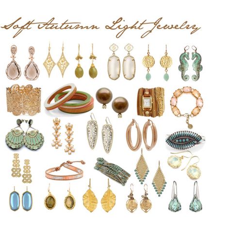 Soft Autumn Light Jewelry by april-ajayya-godsey on Polyvore featuring Kendra Scott, Swarovski, Kate Spade, Wet Seal, Rosita Bonita, La Mer, Aqua, SKU Jewelry, NAKAMOL and ABS by Allen Schwartz Soft Autumn Jewelry Colour, Jewelry For Soft Autumn, Deep Autumn Jewelry, Soft Autumn Jewelry, Soft Autumn Clothes, Soft Autumn Light, Tinted Autumn, Deep Autumn Palette, Soft Autumn Deep