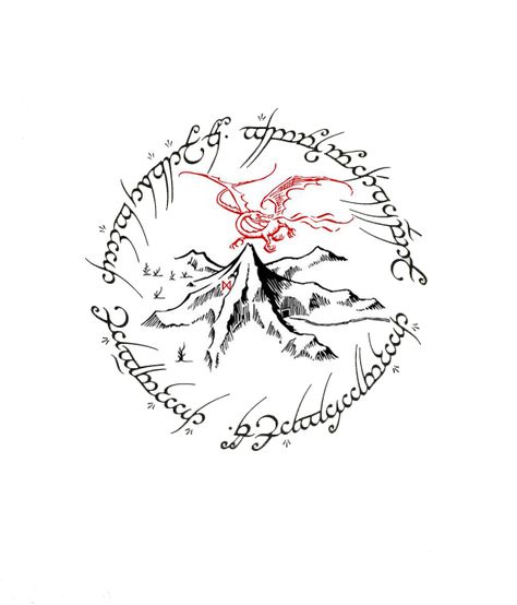 Made this tattoo design up in Photoshop.  Thinking this will be the next one I have done.  A combination of The One Ring text and the Lonely Mountain w/Smaug.  <3 **If anyone actually uses my design for a tattoo, I'd love to see the finished work.  Send it to me!  :)  @SaucyCandice Hobbit Tattoo, Tolkien Tattoo, Bodysuit Tattoos, Tattoo For Baby Girl, Lotr Tattoo, Lord Of The Rings Tattoo, Traditional Sleeve, Small Girl Tattoos, Tattoo Traditional