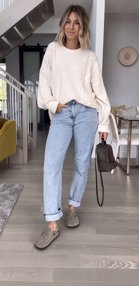 Neutral Fall Outfits Casual, Fall Outfits 2024 Birkenstock, Women Fall Casual Outfits, White Baggy Sweater Outfit, 160lbs Women Fashion, Elevated Everyday Outfit, Fall 2024 Fashion Trends Midsize, Womens Casual Outfits 2024, Date Day Outfit Fall