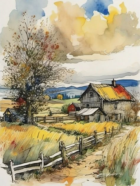 Farm Scene Painting, Watercolor Barns, Loose Watercolor Paintings, Acrylic Portrait Painting, Easy Landscape Paintings, Watercolor Art Landscape, Barn Painting, Watercolor Paintings For Beginners, Diy Watercolor Painting