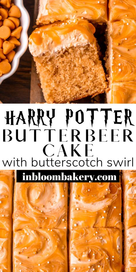 This Harry Potter butterbeer cake will transport you right into the wizarding world of Harry Potter! It's a soft and fluffy cake flavored with a butterbeer reduction, butterscotch, vanilla and butter flavor, frosted with butterscotch buttercream and drizzled with butterscotch sauce. Harry Potter Butterbeer Cupcakes, Hogwarts Butterbeer Cheesecake, Harry Potter Themed Recipes, Butterbeer Brownies, Butter Beer Cake Recipe, Butter Beer Desserts, Harry Potter Desserts Easy, Harry Potter Inspired Desserts, Harry Potter Party Treats