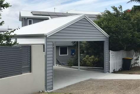 Gable Carport Attached To House, Carport In Front Of House Entrance, Double Carport Front Of House, Hamptons Carport, Carport Ideas Australia, Carport Addition To House, Carport In Front Of House, Gable Carport, Carport Fence