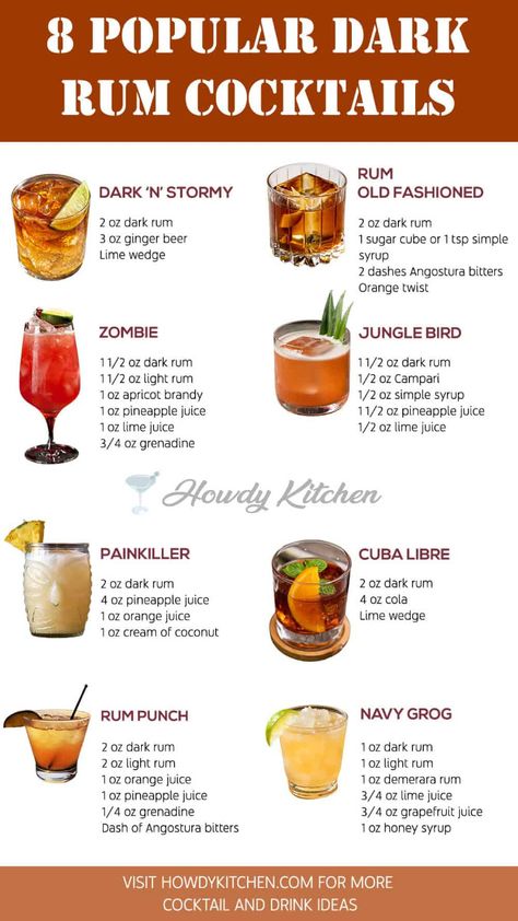 Mixing up a cocktail with dark rum can bring a whole new dimension to your drink, full of rich, warming flavors. This selection of 8 must-try dark rum cocktails offers a variety of recipes that are perfect for any occasion, from laid-back evenings to festive gatherings. Save this pin to keep these delicious, easy-to-make recipes at your fingertips! Manly Cocktail Recipes, Classy Cocktail Recipes, Cocktail Rum Recipes, Drinks Made With Spiced Rum, Drinks To Make With Rum, Smokey Cocktail Recipes, Kracken Rum Cocktails, Black Spiced Rum Drinks, Fun Signature Cocktails